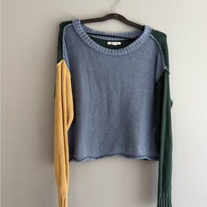 Colorblock Crewneck Sweater in Light Blue, Mustard & Dark Green